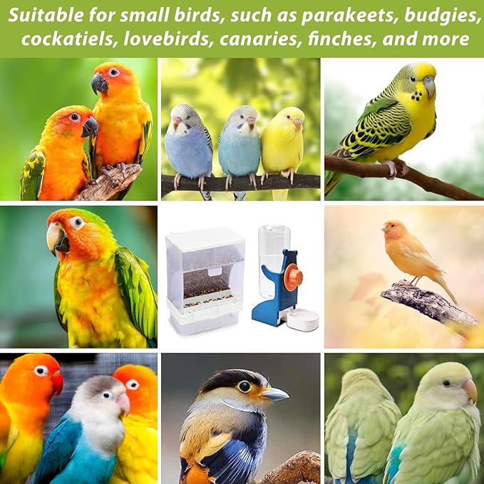 PINVNBY 2 PCS No Mess Bird Feeder Water Dispenser Set, Automatic Birds Water Feeder, Parakeet Seed Food Feeding Drinker for Cage, Plastic Parrot Feeder Accessories for Parakeets Cockatiel Lovebird