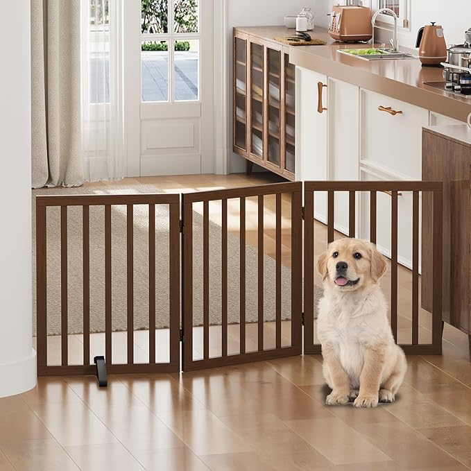 Dog Gates for Doorways, Freestanding Dog Gate Indoor, Foldable Pet Gates for Doorways Bedroom, Puppy Gate with Metal Support Feet, Room Divider 3 Panels (Dark Walnut)