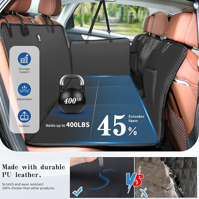 Tails & Tales Back Seat Extender for Dogs, 2025 Upgraded Double-Thick PU Leather Dog Car Back Seat Cover with Hard Bottom, Waterproof & Anti-Scratch, Supports Up to 400 lbs, Fits Car, SUV and Truck