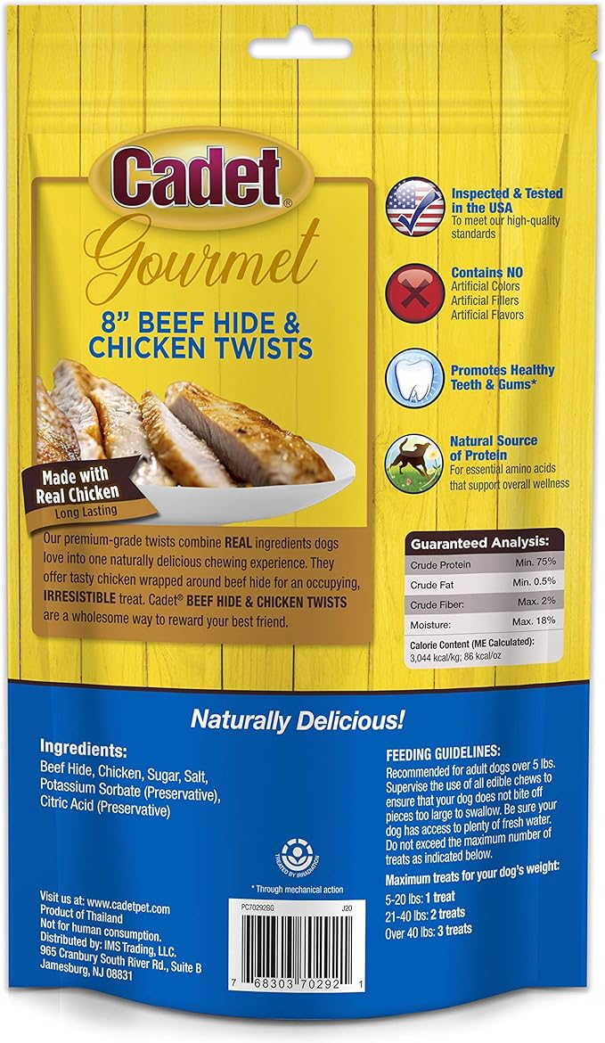 Cadet Gourmet 8-Inch Beef Hide Twist Chew Sticks, Long-Lasting and Natural Rawhide Chews for Dogs, Inspected & Tested in USA, Chicken Flavor, 6 Count