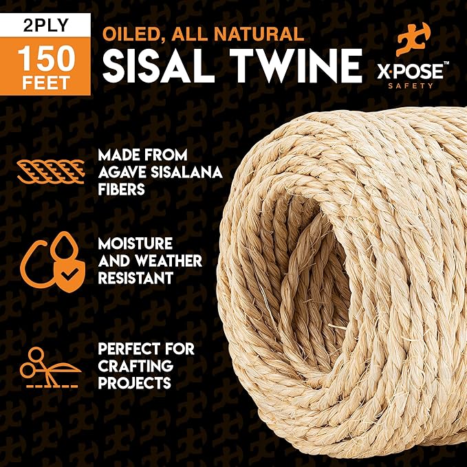 Sisal Twine - 2 Ply 150 Ft Thin Natural Fiber Rope on Spool - Cat Scratching Post, Rope for Cat Scratcher, Cat Tree Replacement Parts, Pet Toy - Decorative Cordage for Crafts, Pole Wrap