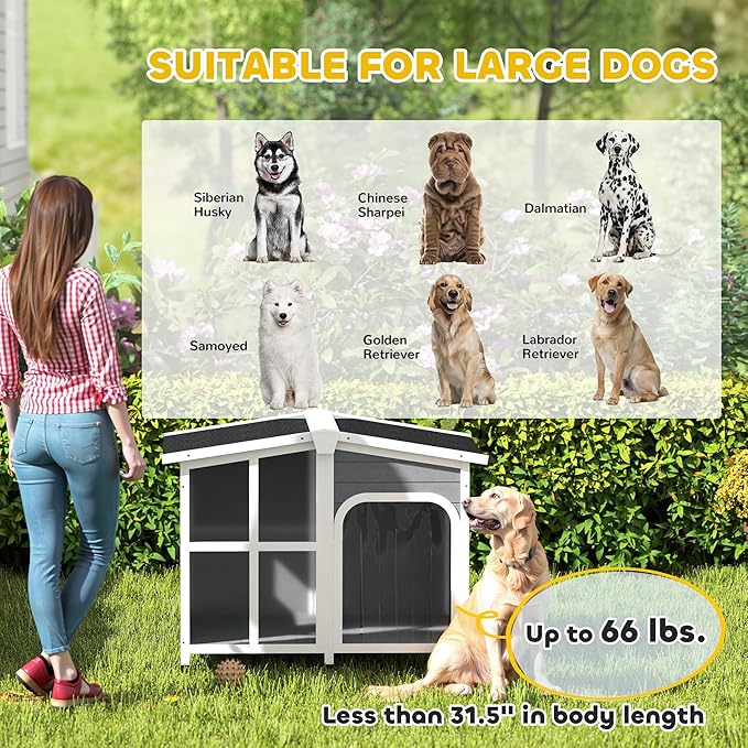 PawHut Cabin-Style Wooden Dog House for Large Dogs Outside with Openable Roof & Giant Window, Big Dog House Outdoor & Indoor, Asphalt Roof, Gray