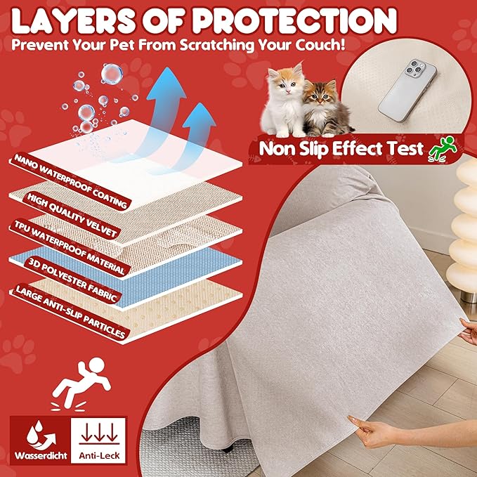 Cat Scratch Furniture Protector - Anti-Slip, Waterproof Sofa Cover to Keep Cats Off, Pet-Friendly Couch Protectors for 3 Cushion Couch, Khaki Anti-Scratch Couch Cover for Pets and Kids 134"X71"