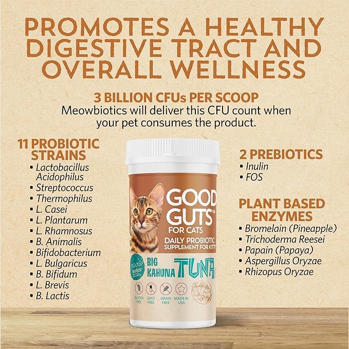 Meowbiotics Good Guts for Cats Probiotic Powder, 11 Probiotic Strains, 2 Prebiotics, 5 Digestive Enzymes for Digestive Support, Tuna Flavor, Probiotics for Cats, Indoor & Outdoor (30 Days)