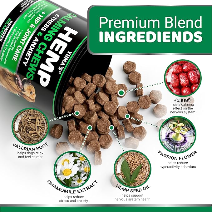 Hemp Calming Chews for Dogs - Advanced Dog Calming Chews - 170 Treats - Anxiety Relief Treats - Hemp Oil - Separation Aid, Stress, Hip and Joint Supplement for Canine Health Support - Beef Flavor