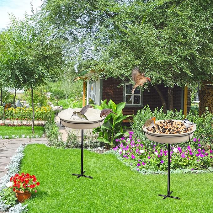 28In Freestanding Birdbaths Bowl Outdoor, Free Standing Garden Bird Bath Bird Feeder Bowl with Metal Stake, Detachable Decoration Spa Birdfeeder for Garden Patio Yard Lawn, 4 Spiky Feet (White)