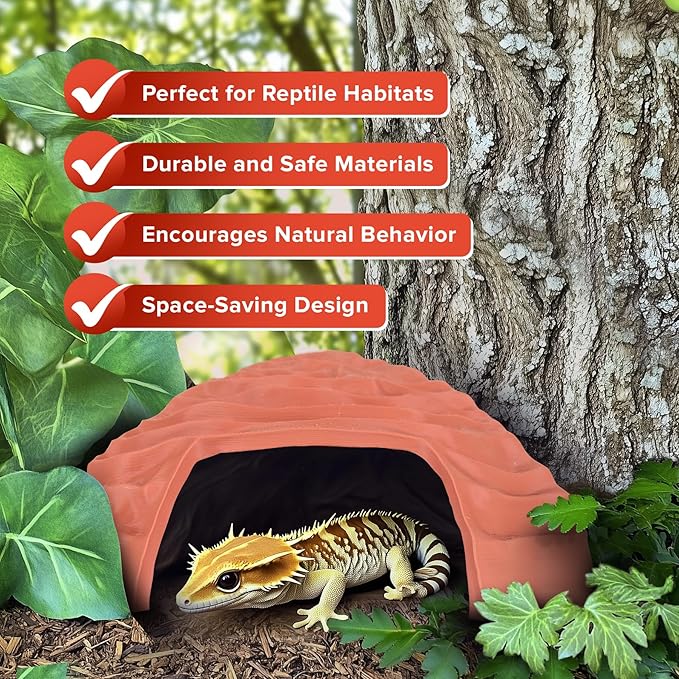 Corner Reptile Cave - Natural-Look Hide for Lizards, Snakes, Bearded Dragons, Turtles, and Tortoises - Durable Habitat Décor - Terracotta