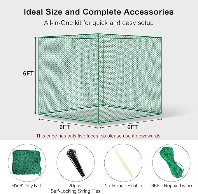 6x6 ft Round Bale Hay Net- Large Slow Feed Hay Net for Horses Goat Livestock, Knotless Sturdy Whole Bale Feeder with 1.57" Holes Fits for Round Bales 4x4 5x5, 6x6ft or Square 3x3x8, 4x4x8, 5x5x8ft