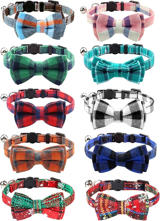 Joytale Upgraded Christmas Cat Collar with Bells, Breakaway Cat Collars with Bow Tie, 1 Pack Girl Boy Safety Plaid Kitten Collars, Red+Green Plaid