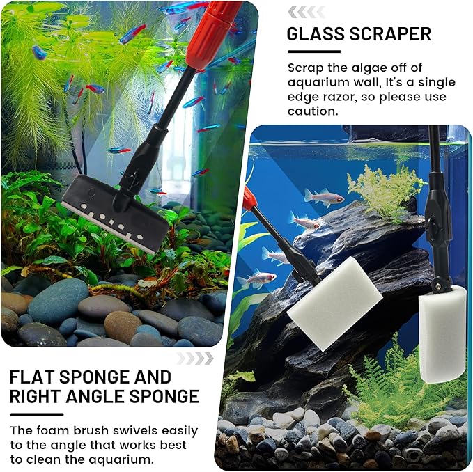 Aquarium Glass Cleaner, 7 in 1 Algae Remover for Fish Tank, Aquarium Cleaning Kit with Long Handle, Aquarium Net, Algae Scraper, Sponge Brush