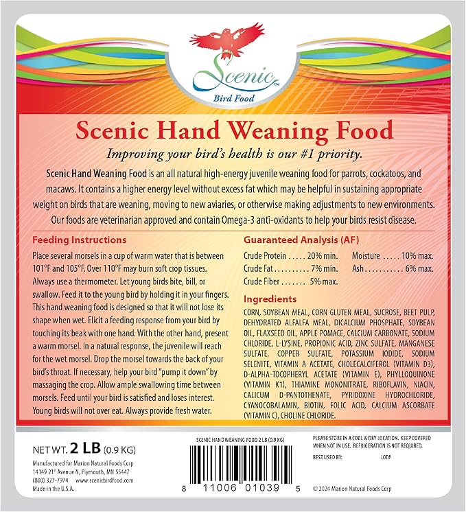 Scenic Hand Weaning Food | Macaw, Amazon, Cockatoo, African Grey, Amazon Parrots | Formulated Diet | 2 LB