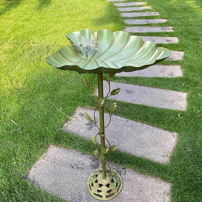 15" L*30.5" H Cast Iron Pedestal Bird Bath, Metal Bird Baths for Outdoors, Green Birdbath, Free Standing Bird Feeder Seed Tray Garden Yard Decor