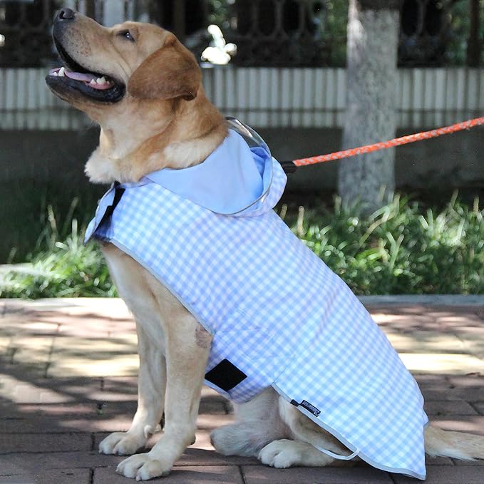 MAMORE Dog Raincoat Reversible,Waterproof Dog Rain Coat Hooded Slicker Poncho with Reflective Strip, Plaid Double Layer Rain Jacket for Small Medium Large Dogs (Light Blue, XX-Large)