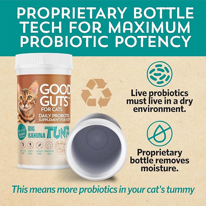 Meowbiotics Good Guts for Cats Probiotic Powder, 11 Probiotic Strains, 2 Prebiotics, 5 Digestive Enzymes for Digestive Support, Tuna Flavor, Probiotics for Cats, Indoor & Outdoor (30 Days)