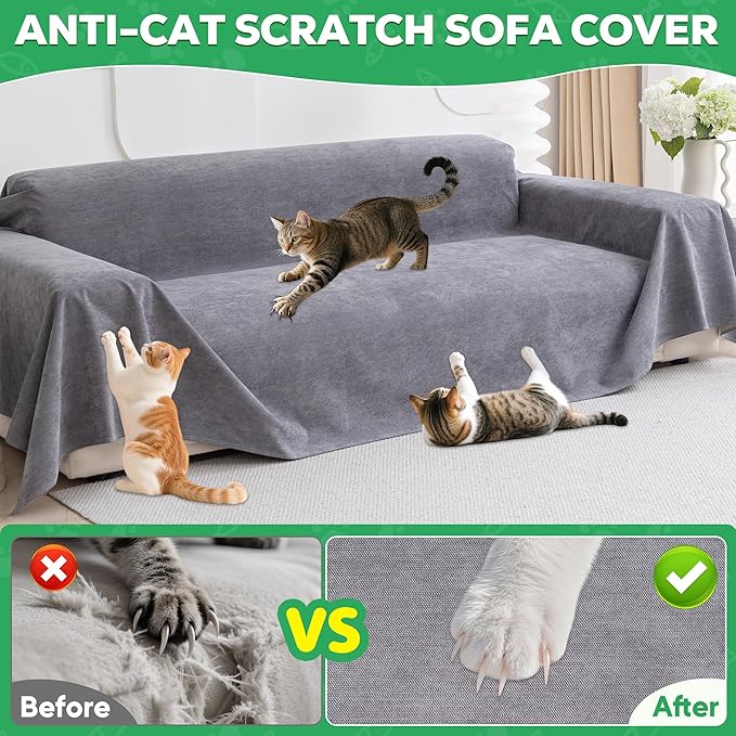 Loiion Couch Covers for 3 Cushion Couch, Gray Cat-Scratch Resistant Sofa Cover โPets Dogs Friendly Anti Slip Thickened Slipcovers Furniture Protector, Couch Protector for Pets and Kids 150"X71"