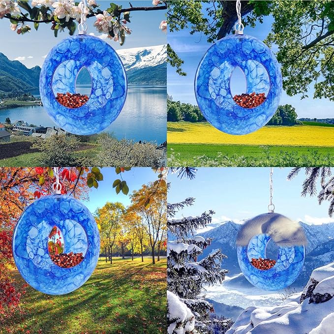 Yinns Mosaic Bird Feeders for Outside Hanging Fly Through Bird Feeder with Round Shape Solar Birdfeeder for Yard Garden Decor Bird Lvoers Gifts, 8-Inch Bule