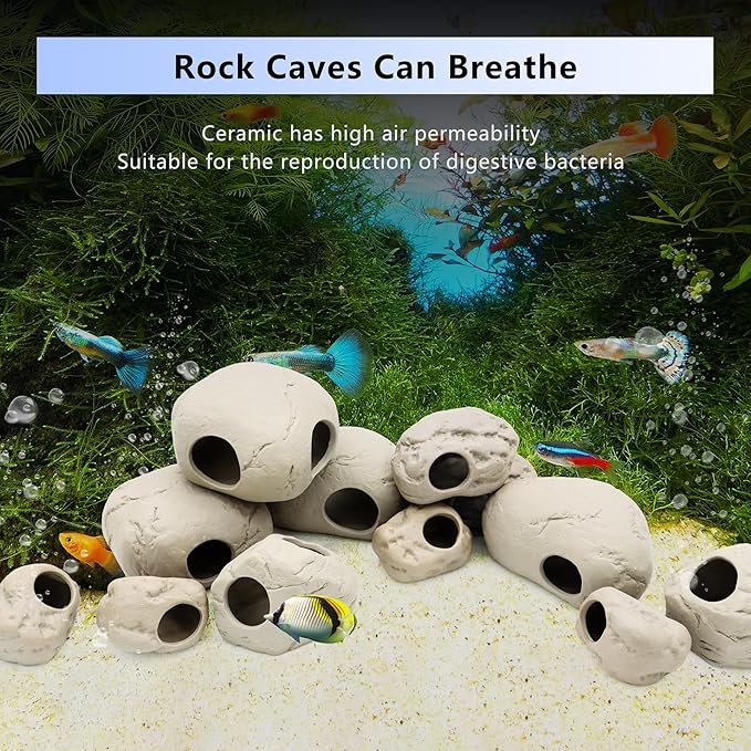 Aquarium Decorations Stackable Ceramic Cave Betta Fish Tank Accessories Rock Cave Decor 12-Piece Set