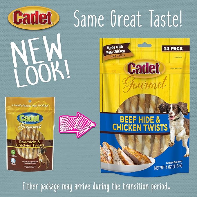 Cadet Gourmet Beef Hide Twist Chew Sticks, Long Lasting & Natural Chew Treats for Dogs, Inspected & Tested in USA, Chicken Flavor (14 Count)
