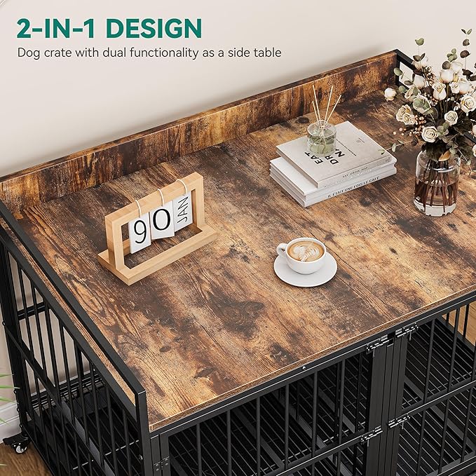 YITAHOME 42.5'' Heavy Duty Dog Crate with Removable Divider, Double Doors & Locks Design, Furniture Style Large Dog Crate with 360° Rotatable Dog Bowls & 360° Wheels & 2 Trays for Small/Medium Dog