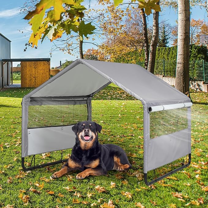 4'x 4'x 3.3' Extra Large Dog House Outside, Pet Tent Outdoor Dog Shade Shelter for Large Medium Dogs, Outside Sun Rain Canopy Pet House for Cats Pigs Livestock w/Artificial Leaves