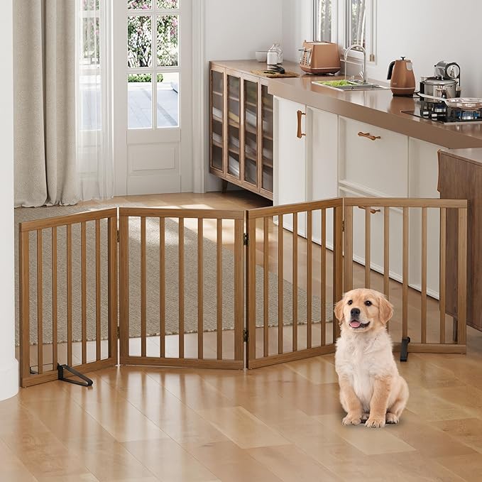 Dog Gate, Freestanding Dog Gates for Doorways, Foldable Dog Gate Indoor, Pet Gates for Doorways Bedroom, Puppy Gate with Metal Support Feet, Room Divider 4 Panels (Walnut)