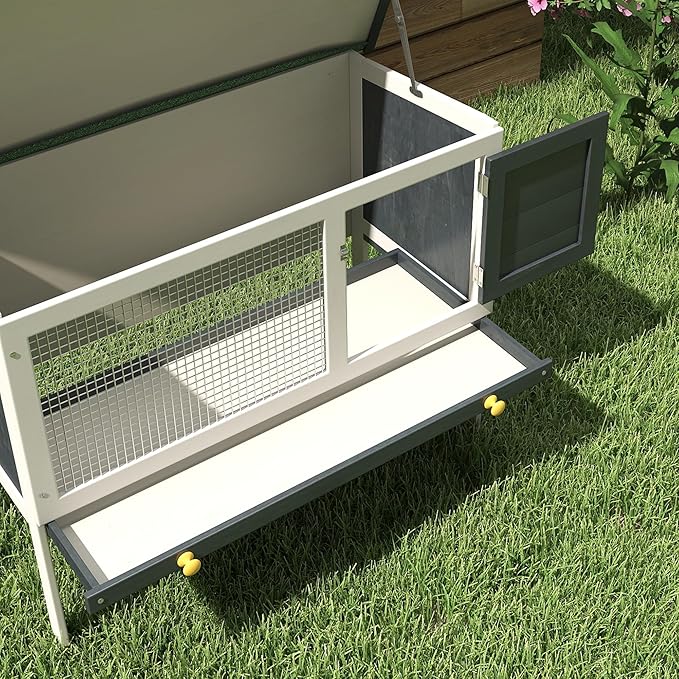 PawHut 35" Wooden Rabbit Hutch Indoor, Bunny Cage Outdoor, Guinea Pig House with Pull-Out Tray, and Openable Asphalt Roof, Black
