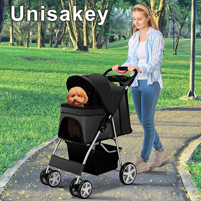 4 Wheels Pet Stroller for Small Medium Dogs Cats 10-33 lbs, Foldable Dog and Cat Stroller with Cup Holder & Storage Basket & Breathable Mesh, Pet Strolling Cart for All-Season, Black