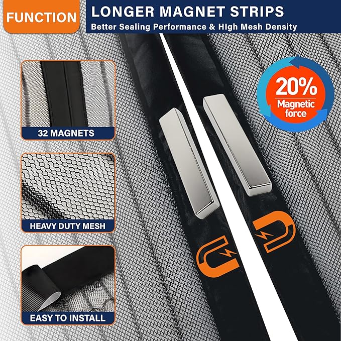 Magnetic Screen Door, Fit Door Size 32 x 96 Inches, Screen Doors with Magnets, Pet & Kid Friendly,Works with Front Doors, Sliding Doors Black