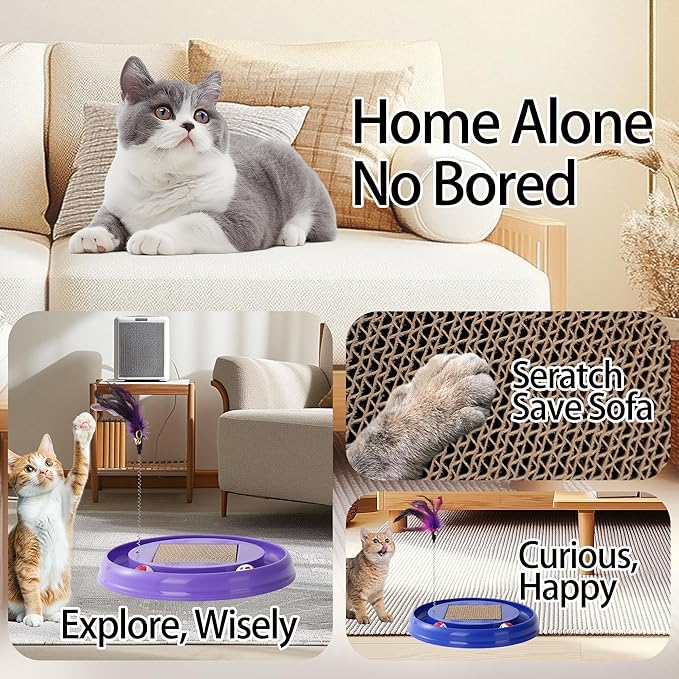 Interactive Cat Ball Track Toy Cat Scratcher with 2 Self-Rotating Balls and 1 Kitten Interactive Toy,Durable Scratch Pad for Indoor Play,Cardboard Scratcher Pad 3-in-1 Cat Toy (Grey)