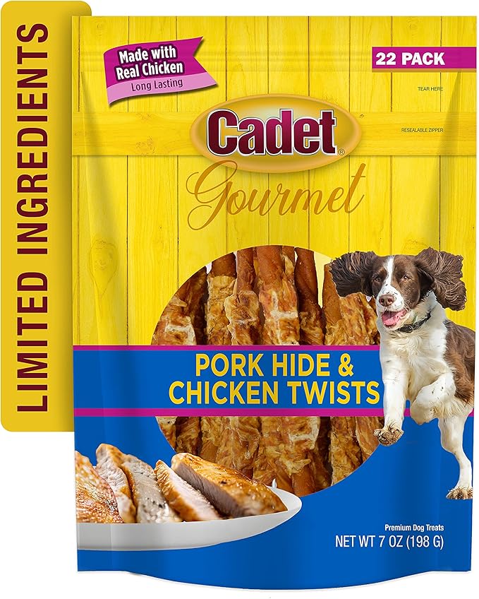 Cadet Gourmet 5-Inch Pork Hide Twist Chew Sticks, Long-Lasting and Natural Rawhide Chews for Dogs, Inspected & Tested in USA, Chicken Flavor, 22 Count