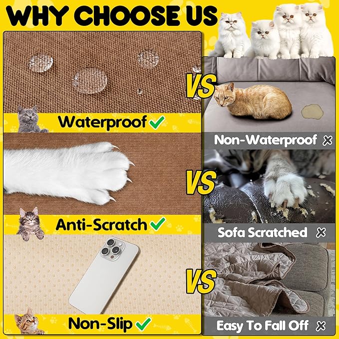 Cat Scratch Furniture Protector - Anti-Slip, Waterproof Sofa Cover to Keep Cats Off, Pet-Friendly Couch Protectors for 3 Cushion Couch, Brown Anti-Scratch Couch Cover for Pets and Kids 118"X71"
