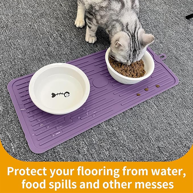 Ptlom Pet Placemat for Dog and Cat, Anti-Slip Waterproof Dogs Feeding Mat Prevent Food and Water Overflow, Bowl Mats Suitable for Medium and Small Pets, Purple, Silicone