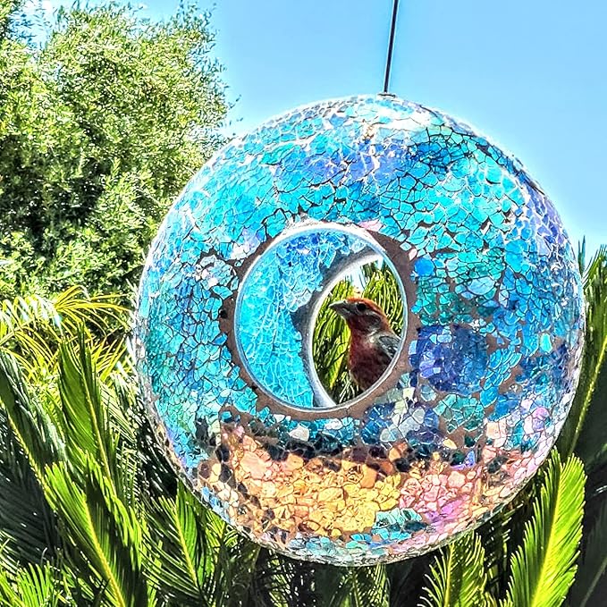 Topadorn Bird Feeder Fly Through Mosaic Round Stained-Glass Birdfeeder, Outdoor Hanging Blue Wild Bird Feeder Squirrels-Proof for Garden Decoration Gift, 9"