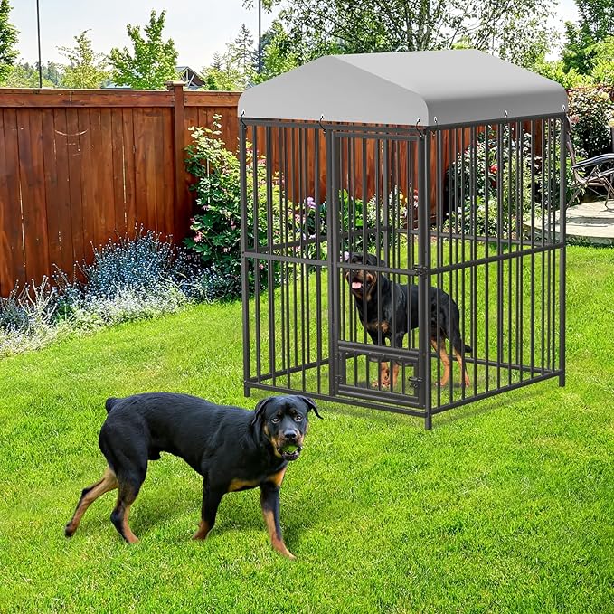 4X4x6FT Large Outdoor Dog Kennel with Swivel Feeder & UV-Resistant Waterproof Roof Covered, Heavy Duty Dog Cage Playpen for Medium and Large Dogs, Easy Assembly