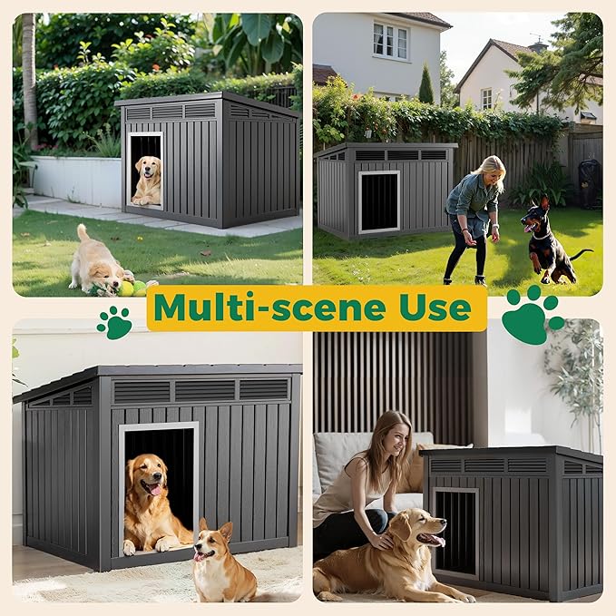 ROJIK Large Dog House Outdoor Indoor Weatherproof with Removable Roof Raised Base Plate,Pet House Weatherproof for Small to X-Large Dogs,Easy to Clean and Lightweight(42.87 * 32.95 * 31.61inch,Black)