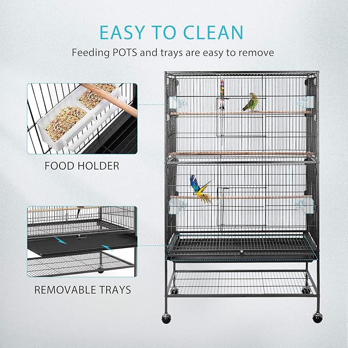 VIVOHOME 53 Inch Wrought Iron Large Bird Cage with Rolling Stand for Parrots Conures Lovebird Cockatiel Parakeets Black