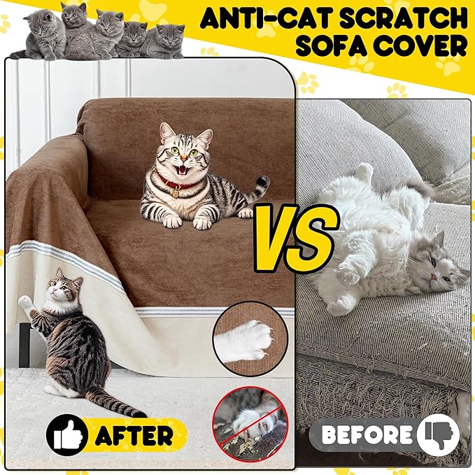 Loiion Cat Scratch Furniture Protector - Anti-Slip, Waterproof Sofa Cover to Keep Cats Off, Pet-Friendly Couch Protectors for 3 Cushion Couch, Anti-Scratch Couch Cover for Pets and Kids 134"X91"Brown