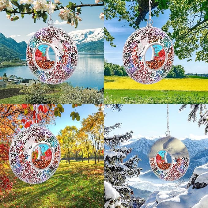 Mosaic Bird Feeders for Outside Hanging with Round Shape Glass Container Fly Through Solar Bird Feeder for Garden Decor (Multicolor)