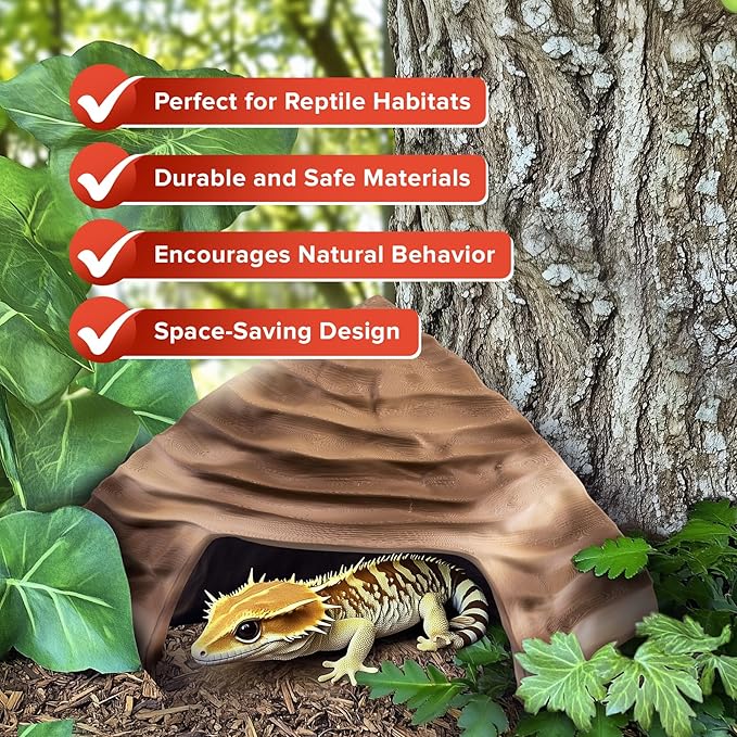 Corner Reptile Cave - Natural-Look Hide for Lizards, Snakes, Bearded Dragons, Turtles, and Tortoises - Durable Habitat Décor - Sandstone