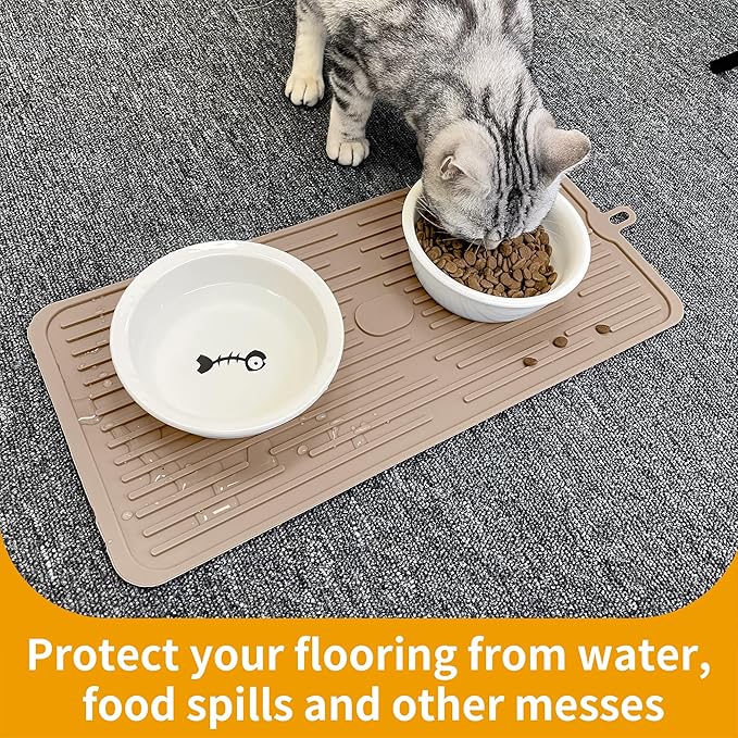 Ptlom Pet Placemat for Dog and Cat, Anti-Slip Waterproof Dogs Feeding Mat Prevent Food and Water Overflow, Bowl Mats Suitable for Medium and Small Pets, Taupe, Silicone