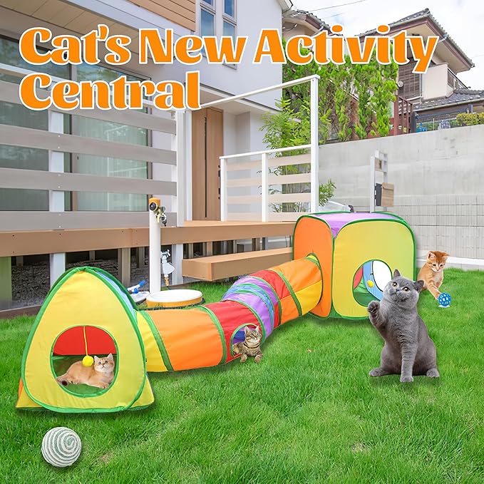 Cat Tunnels for Indoor Cats, Rabbit Tunnel,Pop Up Collapsible Crinkle Interactive Peek Hole, Cat Tube with Play Ball and Bell for Kitten, Puppy, Kitty, Rabbit - Set of 3