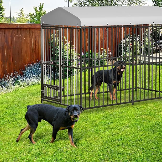 8X4x6FT Large Outdoor Dog Kennel with Swivel Feeder & UV-Resistant Waterproof Roof Covered, Heavy Duty Dog Cage Playpen for Medium and Large Dogs, Easy Assembly