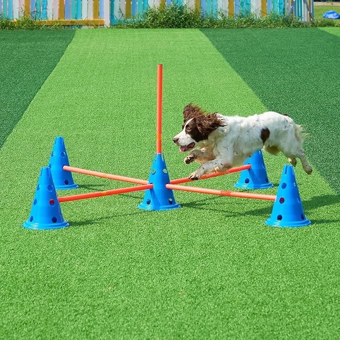 VEVOR 6 Sets Dog Agility Hurdle Cone Set, 12 Agility Cones 6 Agility Rods 2 Rod Buckles, Dog Agility Course Backyard Set Puppy Obstacle Course Jump with Storage Bag, Pet Outdoor Games