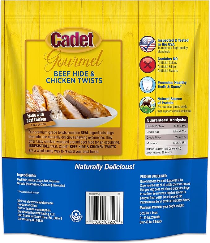 Cadet Gourmet 5-Inch Beef Hide Twist Chew Sticks, Long-Lasting and Natural Rawhide Chews for Dogs, Inspected & Tested in USA, Chicken Flavor, 50 Count