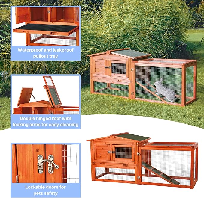 TRIXIE natura Outdoor Rabbit Hutch with Run - Small Elevated Rabbit Cage with Non-Slip Ramp - Small Animal House with Large Playpen, Hinged Roof & Pull-Out Tray - in Natural