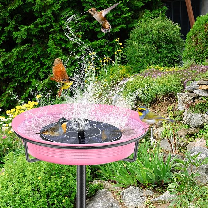 28In Freestanding Birdbaths Bowl Outdoor, Standing Garden Bird Bath Bird Feeder Bowl with Metal Stake, Detachable Decoration Spa Birdfeeder for Garden Patio Yard Lawn, 4 Spiky Feet (Pink)