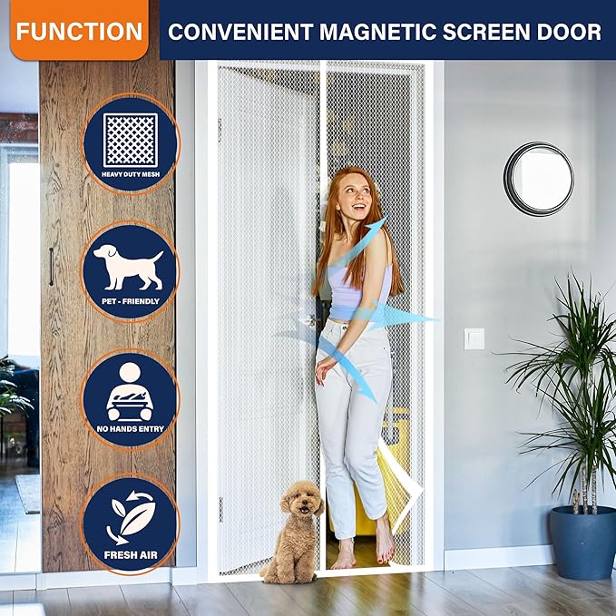 Magnetic Screen Door, Heavy Duty Door Screen Magnetic Closure Keep Bugs Out,Pet & Kid Friendly,Hands Free Door Screen Fit Door Size 32 x 80 Inches White