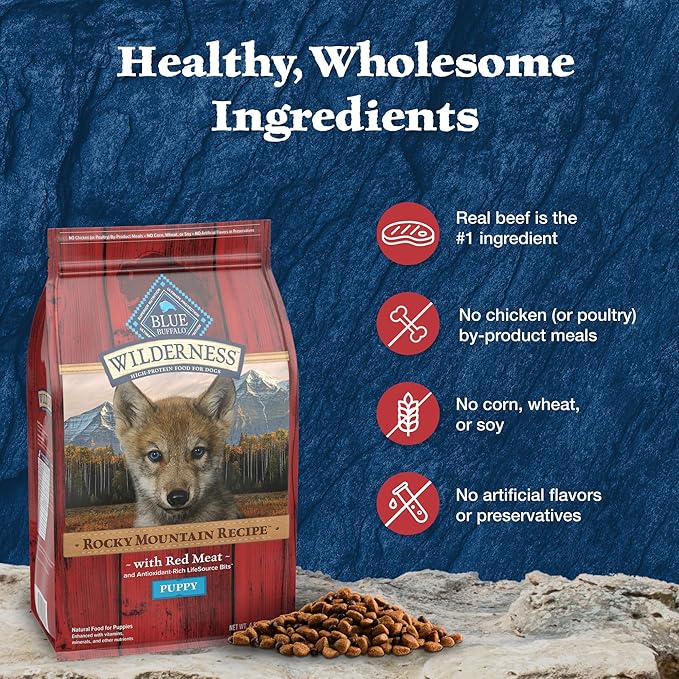 Blue Buffalo Wilderness High-Protein Rocky Mountain Recipe Dry Food for Puppies, Red Meat & Grains, 24-lb Bag