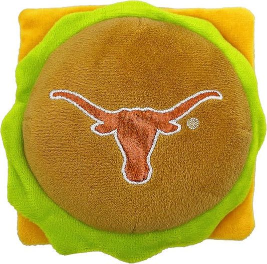 NCAA Texas Longhorns Cheeseburger Plush Dog & CAT Squeak Toy- Cutest Stadium Hamburger Snack Plush Toy for Dogs & Cats with Inner Squeaker & Beautiful Football/Basketball Team Name/Logo