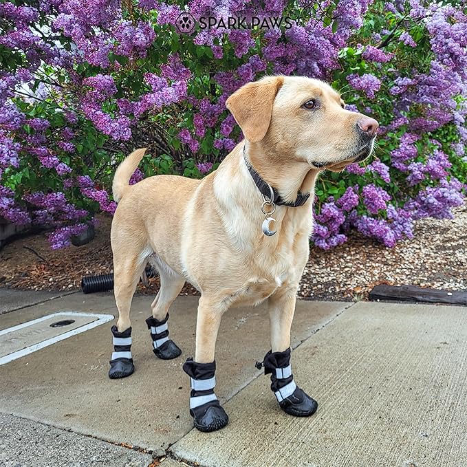 Spark Paws Dog Shoes, Waterproof Dog Boots for Medium to Large Dogs, Non Slip, Breathable Dog Booties and Paw Protectors - 4PCS Doggie Hiking Boots with Reflective Straps - Black - Size 7